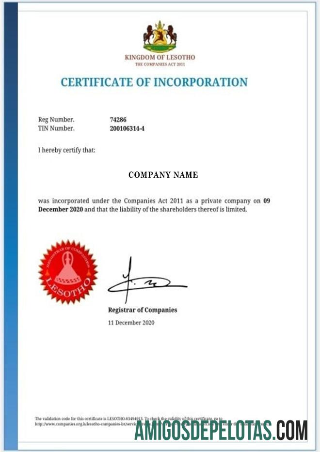 Lesotho Certificate Of Incorporation amostra